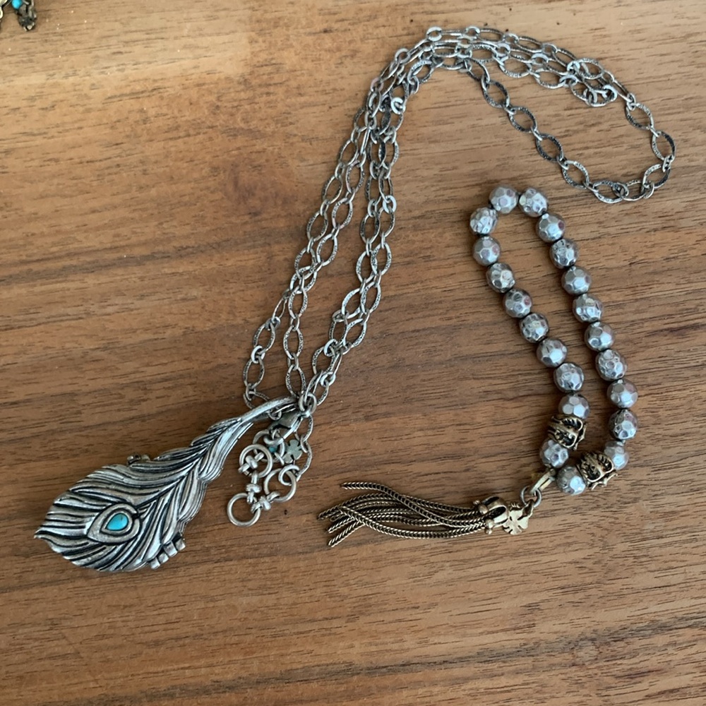 Lucky Brand Silver locket Necklace with Tassel Pendant bracelet